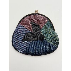 Vintage Beaded Clutch Purse Iridescent Geometric Evening Bag Kiss Lock